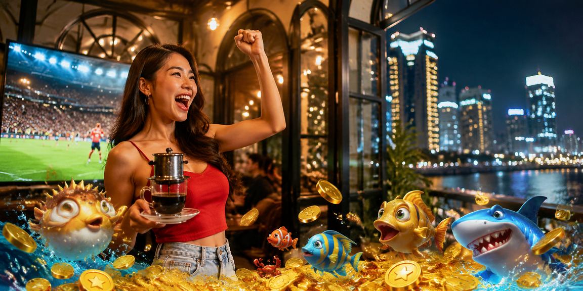 Không gian giải trí casino và cà phê buổi tối tại TP.HCM với người chơi theo dõi jackpot