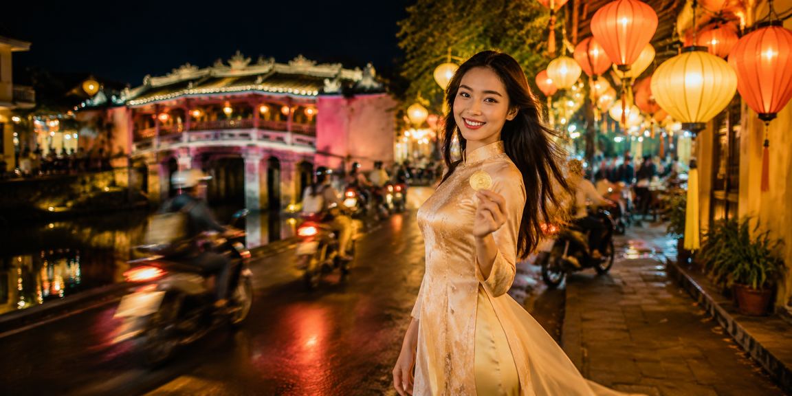 Người chơi xem phân tích thể thao tại khu phố cổ Hội An vào buổi tối